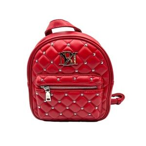 Quilted Red mini vegan studded leather backpack; silver hardware
10”x 8”